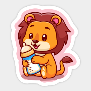 Cute Baby Lion Holding Milk Bottle Cartoon Sticker